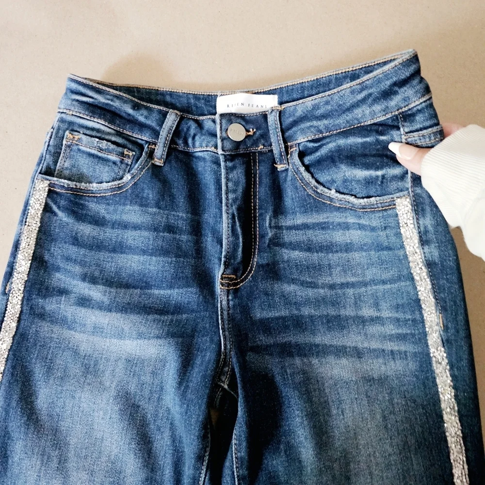 Risen High Rise Dark Wash Rhinestone Embellished Seam Straight Ankle Jeans 7/28 - Picture 12 of 13